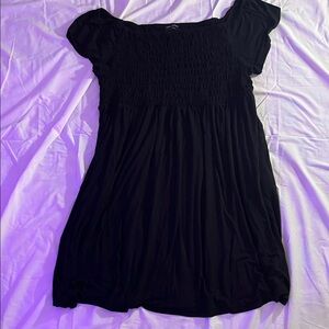 Lane Bryant Black Smocked Short-Sleeve Just Below The Knee Dress